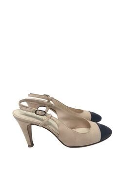 Chanel Cap Toe CC Rare Leather Lizard Slingback Beige Black Pumps Size 37.5